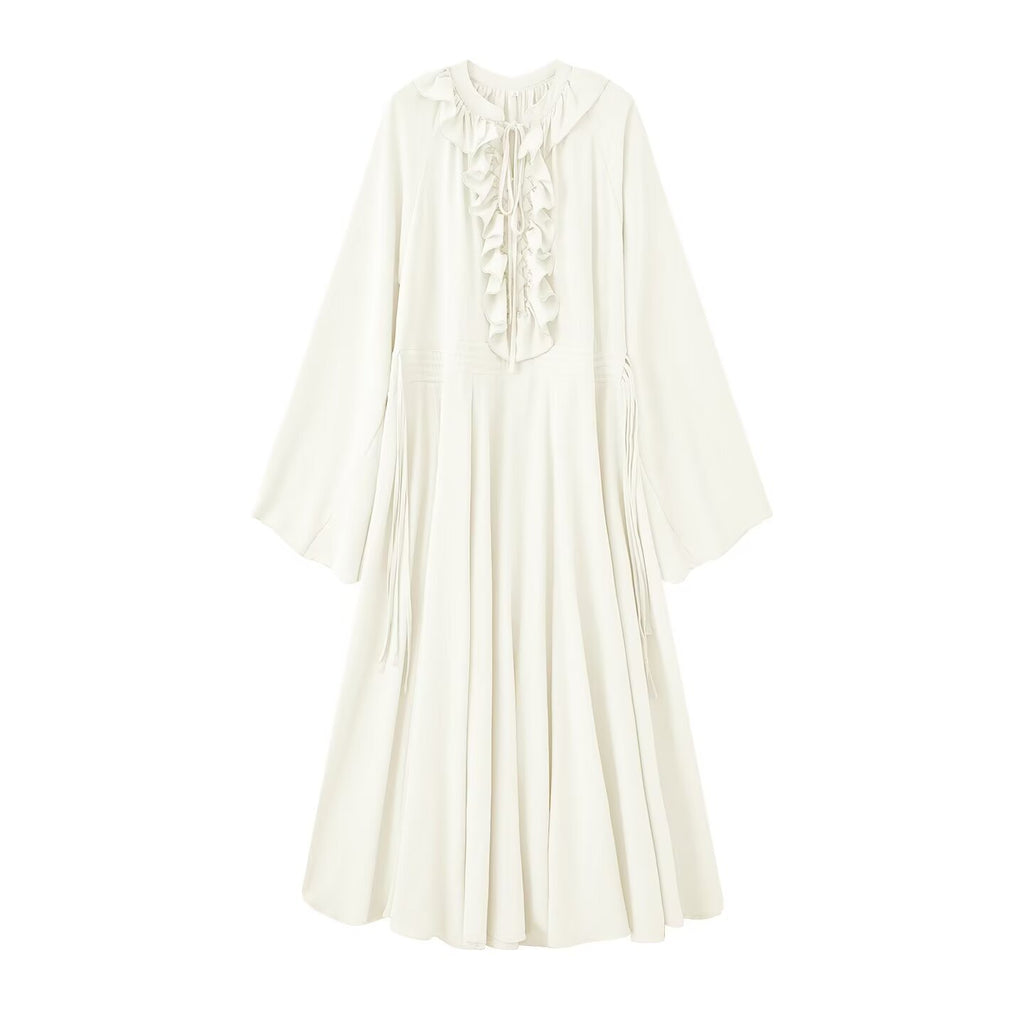 Women's maxi dress with ruffles, tie collars and wide bell sleeves Fashion Glam