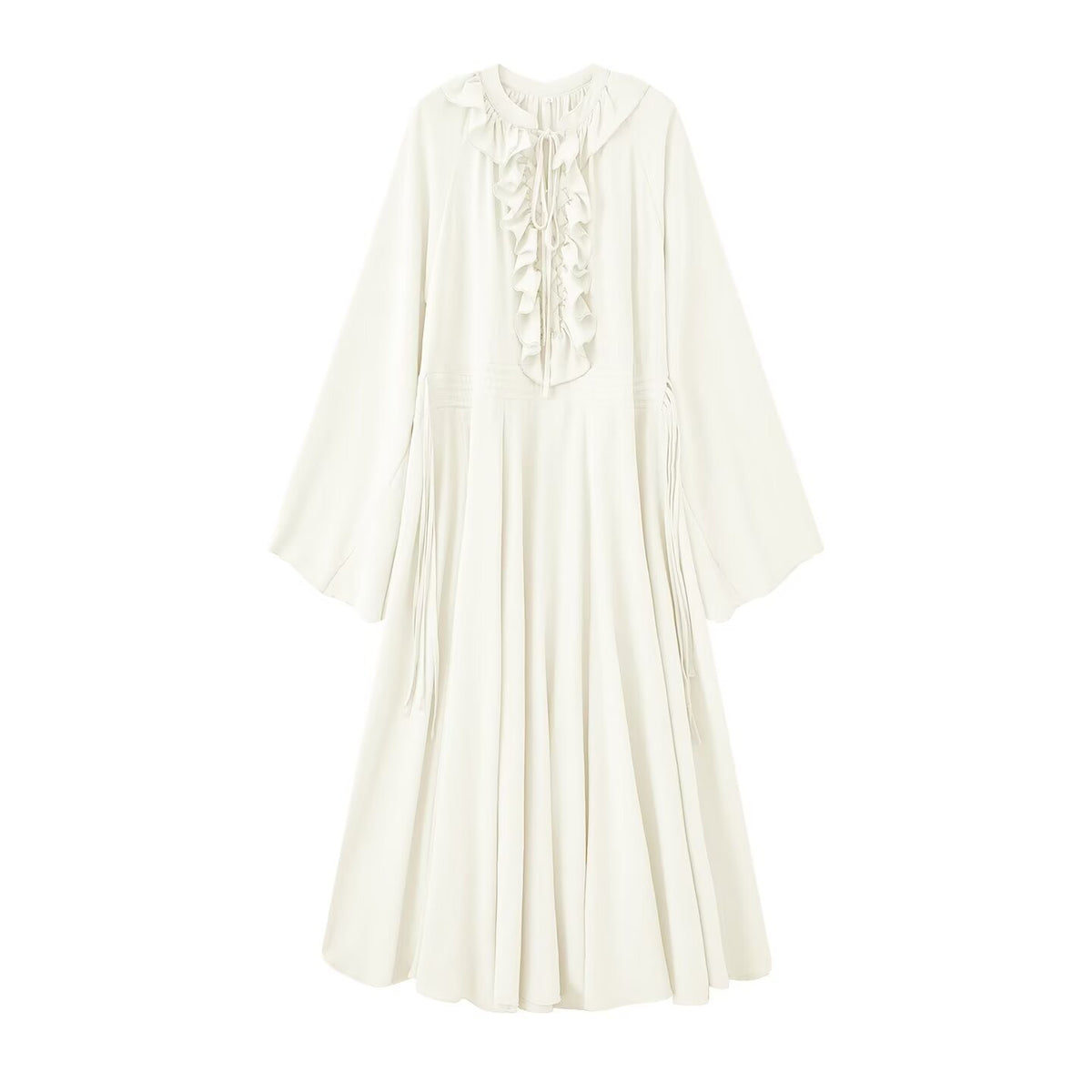 Women's maxi dress with ruffles, tie collars and wide bell sleeves Fashion Glam