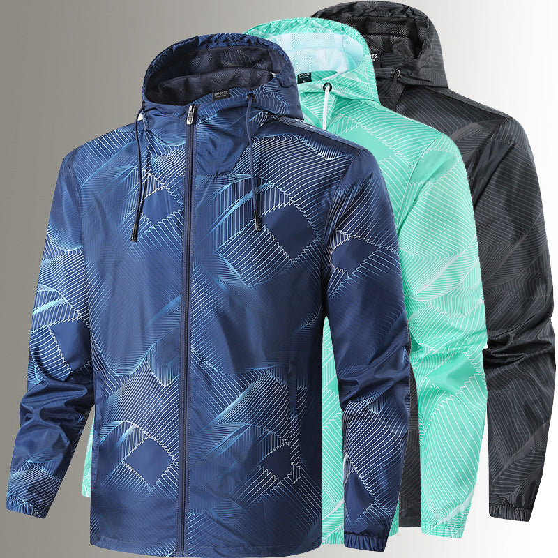 Men's Lightweight Hooded Windbreaker Jacket with Graphic Allover Print and Packing Function Fashion Glam