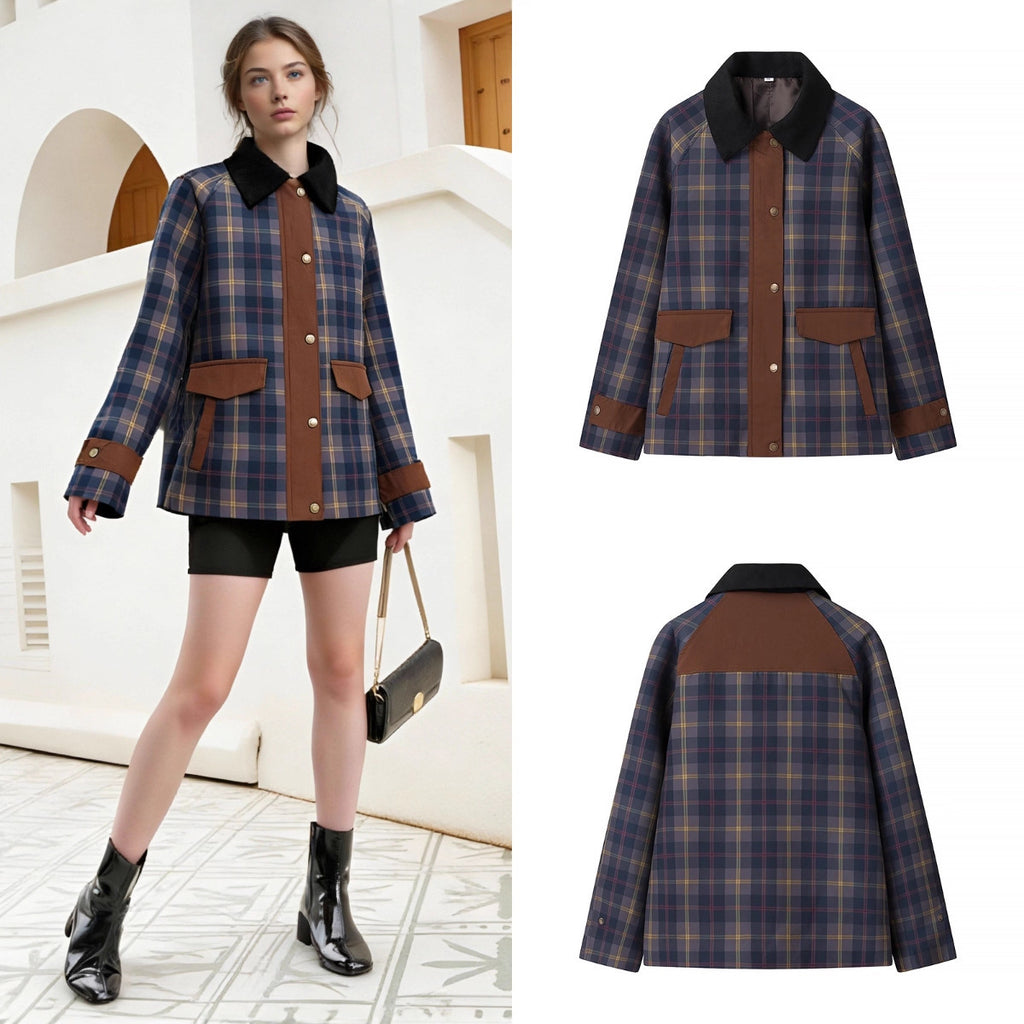 Women's Checked Transition Jacket with Cord Collar and Contrast Trimmings Fashion Glam
