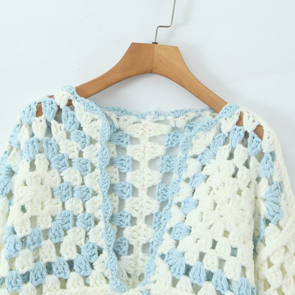 Women Crocheted Granny-Square Cardigan with Wide Sleeves and Ties Fashion Glam