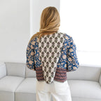 Women’s short jacket in patchwork floral print with open neckline and contrasting trimmings Fashion Glam