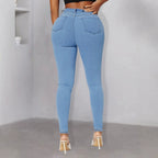 Women Tight High-Waist Skinny Jeans with Pearl Trim and Knee Cutouts Fashion Glam