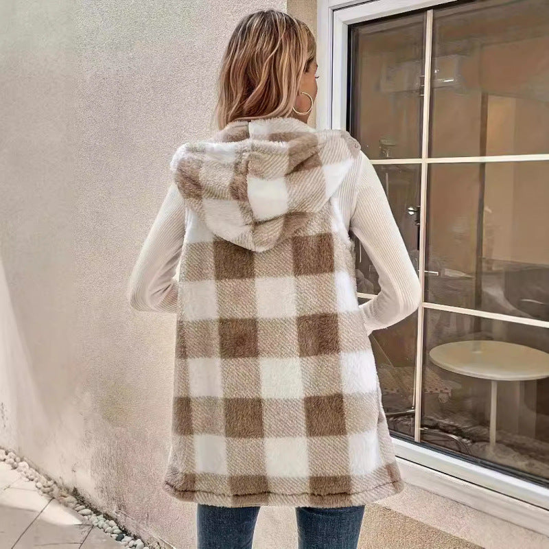 Women Sleeveless Teddy Vest with Hood and Check Pattern Fashion Glam