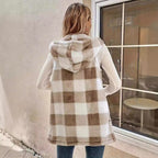 Women Sleeveless Teddy Vest with Hood and Check Pattern Fashion Glam