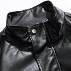 Men's Boxy Faux Leather Blouson Jacket with Stand Collar Snap Placket and Elastic Hem Fashion Glam