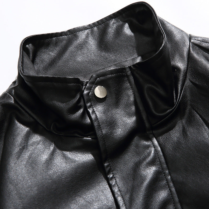 Men's Boxy Faux Leather Blouson Jacket with Stand Collar Snap Placket and Elastic Hem Fashion Glam