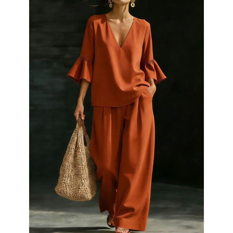 Women's Two-Piece V-Neck Tunic Set with Ruffle Sleeves and Wide High-Waisted Palazzo Pants Fashion Glam