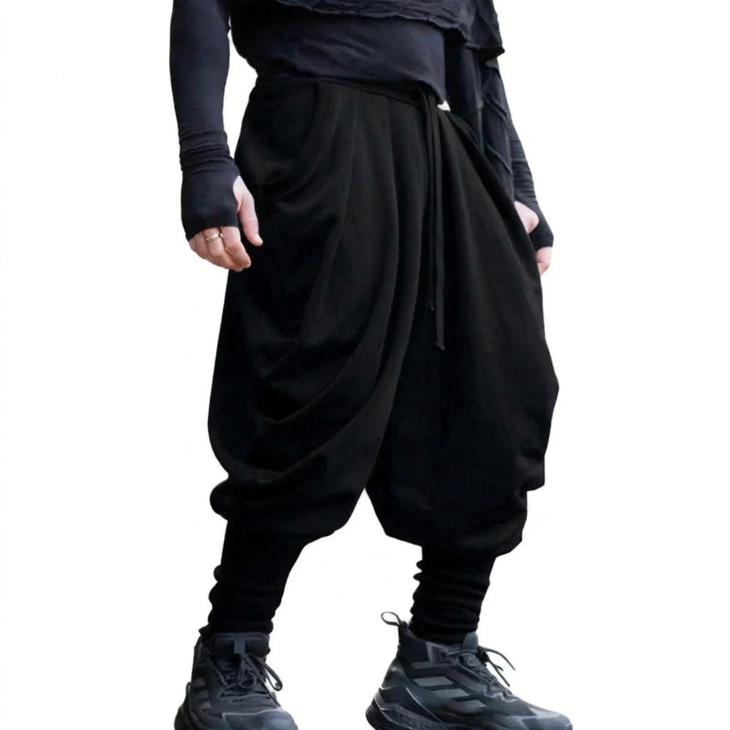 Men's nan avant-garde harem pants with wrap front, elastic waistband, and slim lower leg Fashion Glam