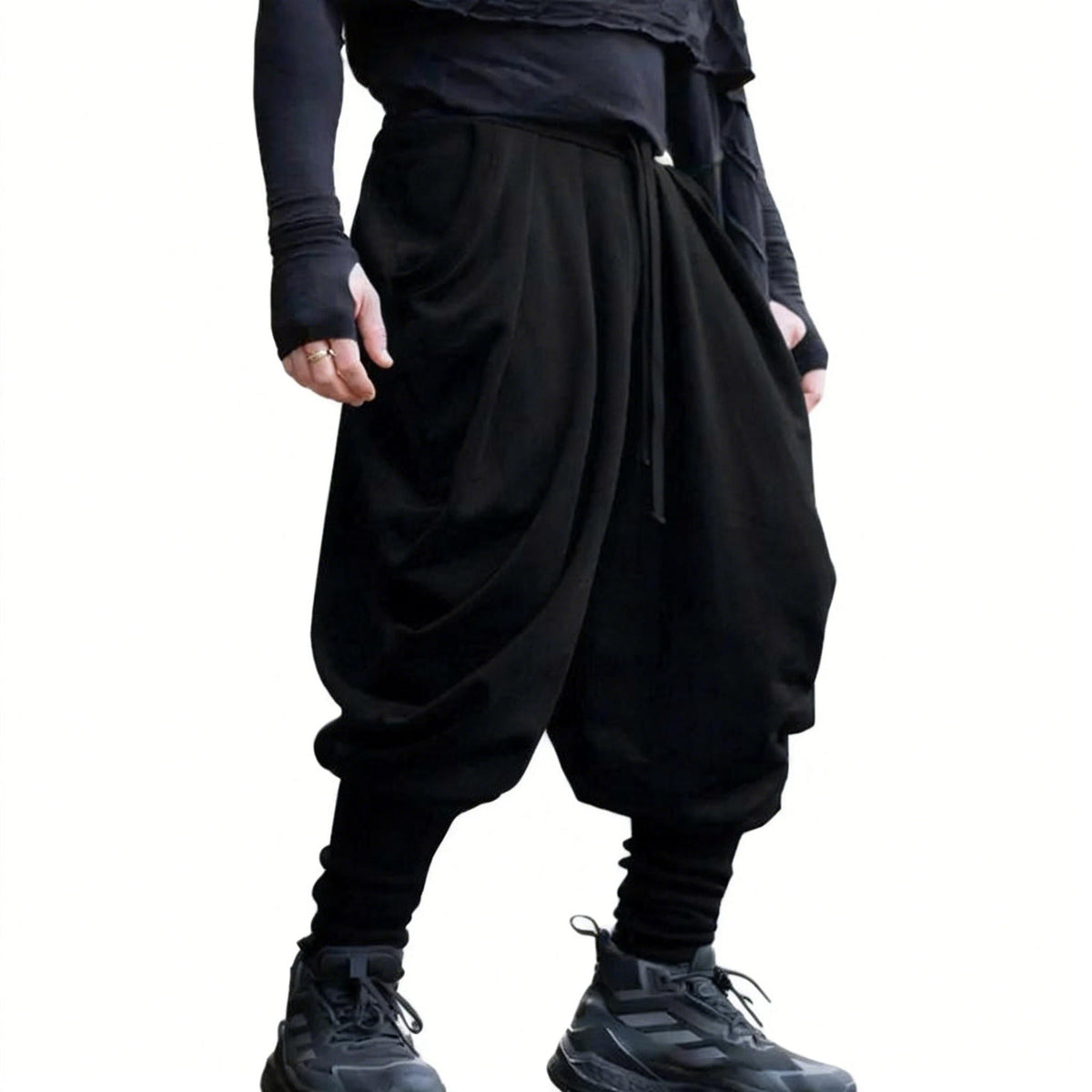 Men's nan avant-garde harem pants with wrap front, elastic waistband, and slim lower leg Fashion Glam