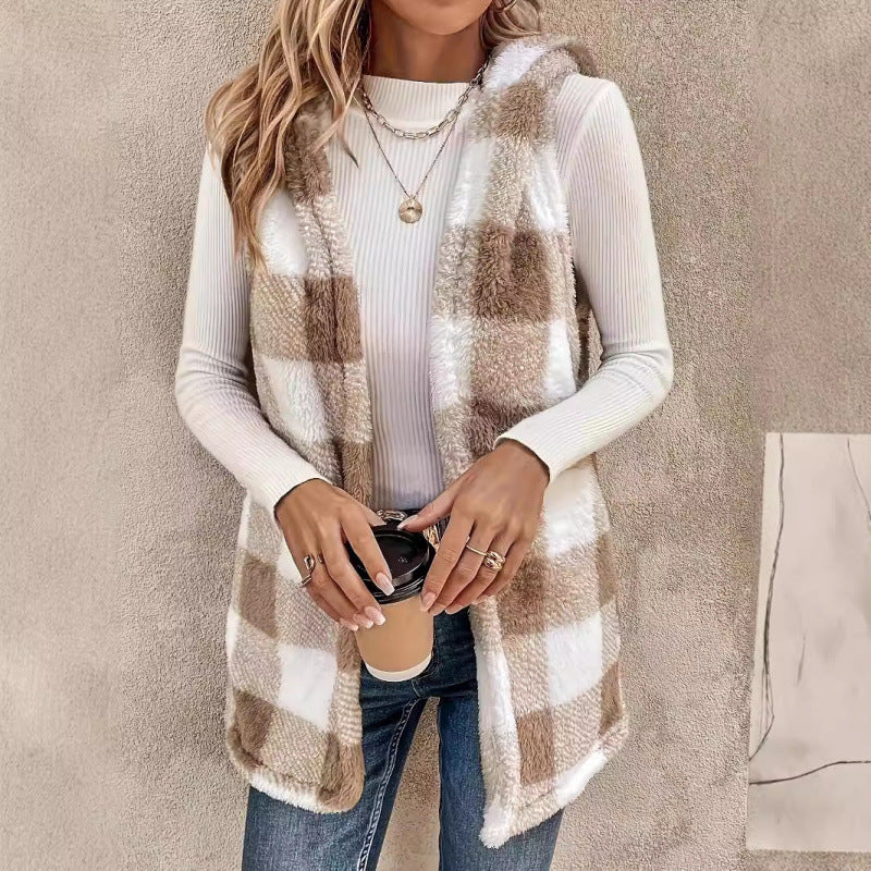 Women Sleeveless Teddy Vest with Hood and Check Pattern Fashion Glam