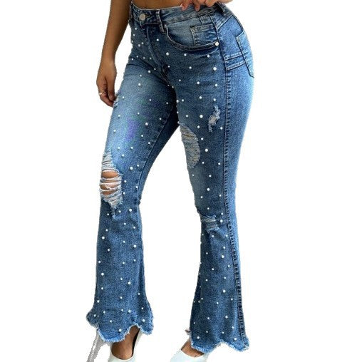 Ladies pearl-embellished high-waist flared jeans with destroyed details and raw hem Fashion Glam