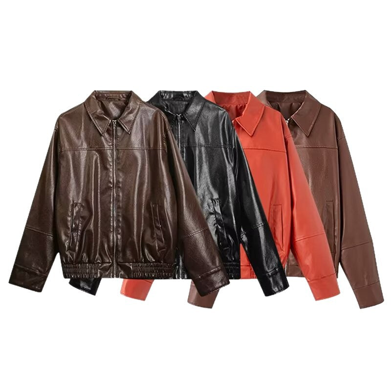 Women Boxy Faux Leather Blouson Jacket with Shirt Collar, Zipper and Elastic Hem Fashion Glam