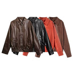 Women Boxy Faux Leather Blouson Jacket with Shirt Collar, Zipper and Elastic Hem Fashion Glam