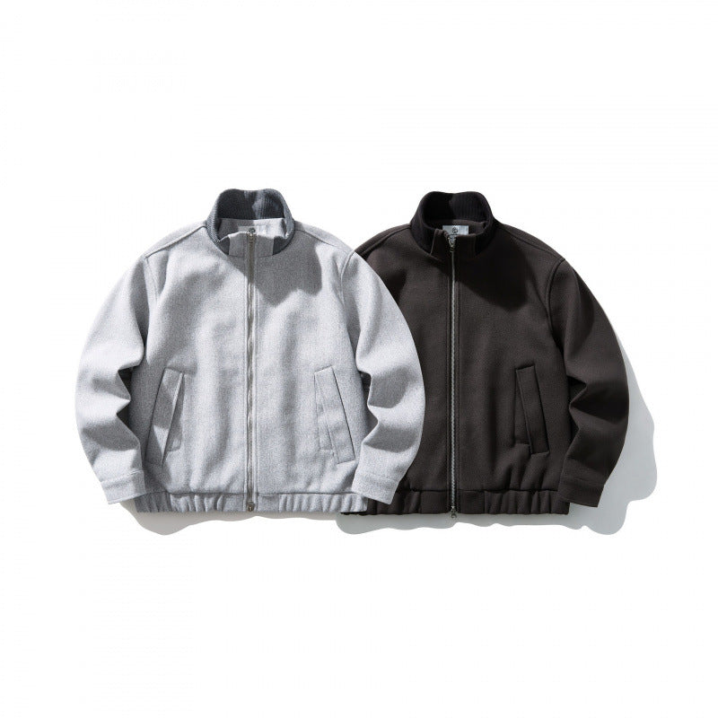Unisex Boxy-Wool Blend Jacket with Stand-Up Collar and Elastic Hem Fashion Glam