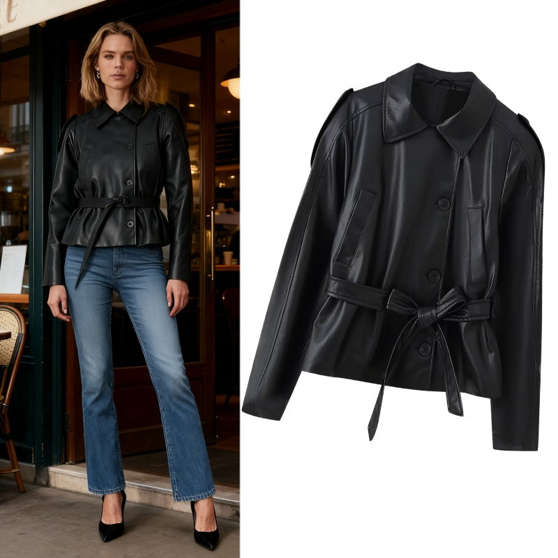 Women's Short Tailored Faux Leather Jacket with Ties and Shirt Collar Fashion Glam