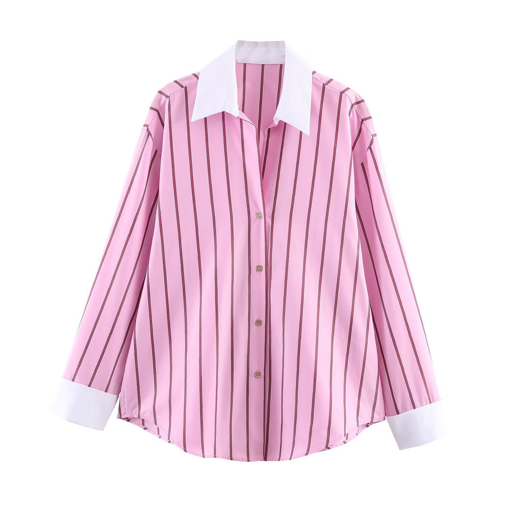 Women’s Oversize Shirt Blouse in Silk Look with Contrast Collar and Vertical Stripe Structure Fashion Glam
