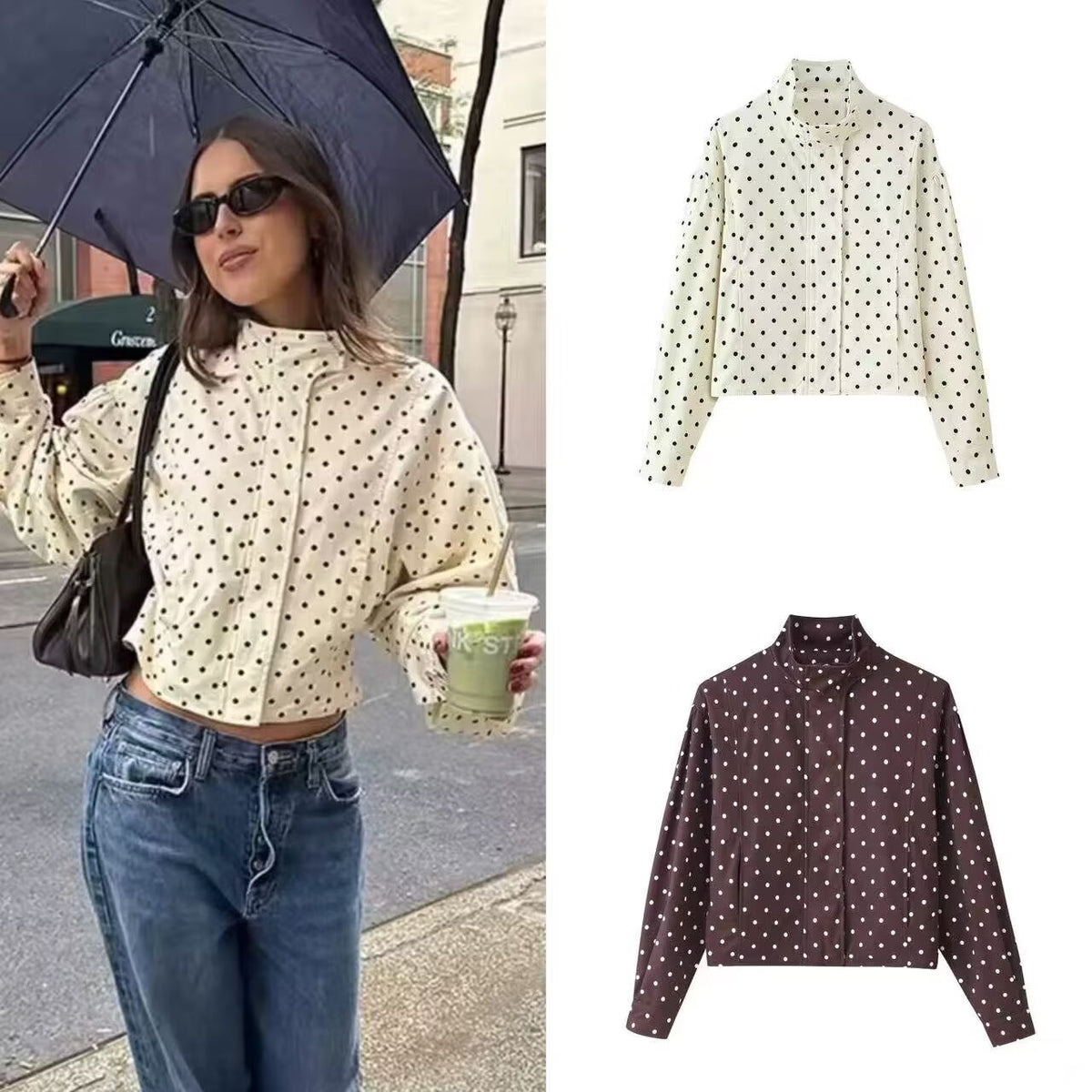 Women's short dotted jacket in blouson style with stand-up collar and balloon sleeves Fashion Glam