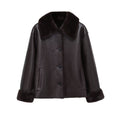 Women Boxy Faux Leather Jacket with Faux Fur Collar, Lambswool Imitation Lining and Button Closure Fashion Glam