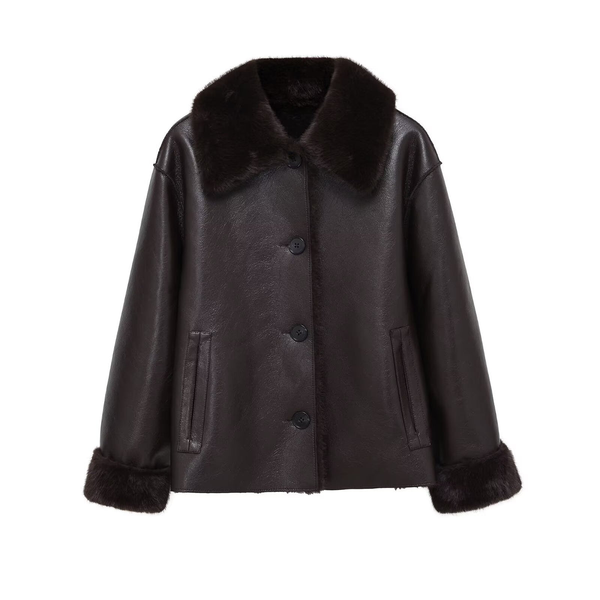 Women Boxy Faux Leather Jacket with Faux Fur Collar, Lambswool Imitation Lining and Button Closure Fashion Glam