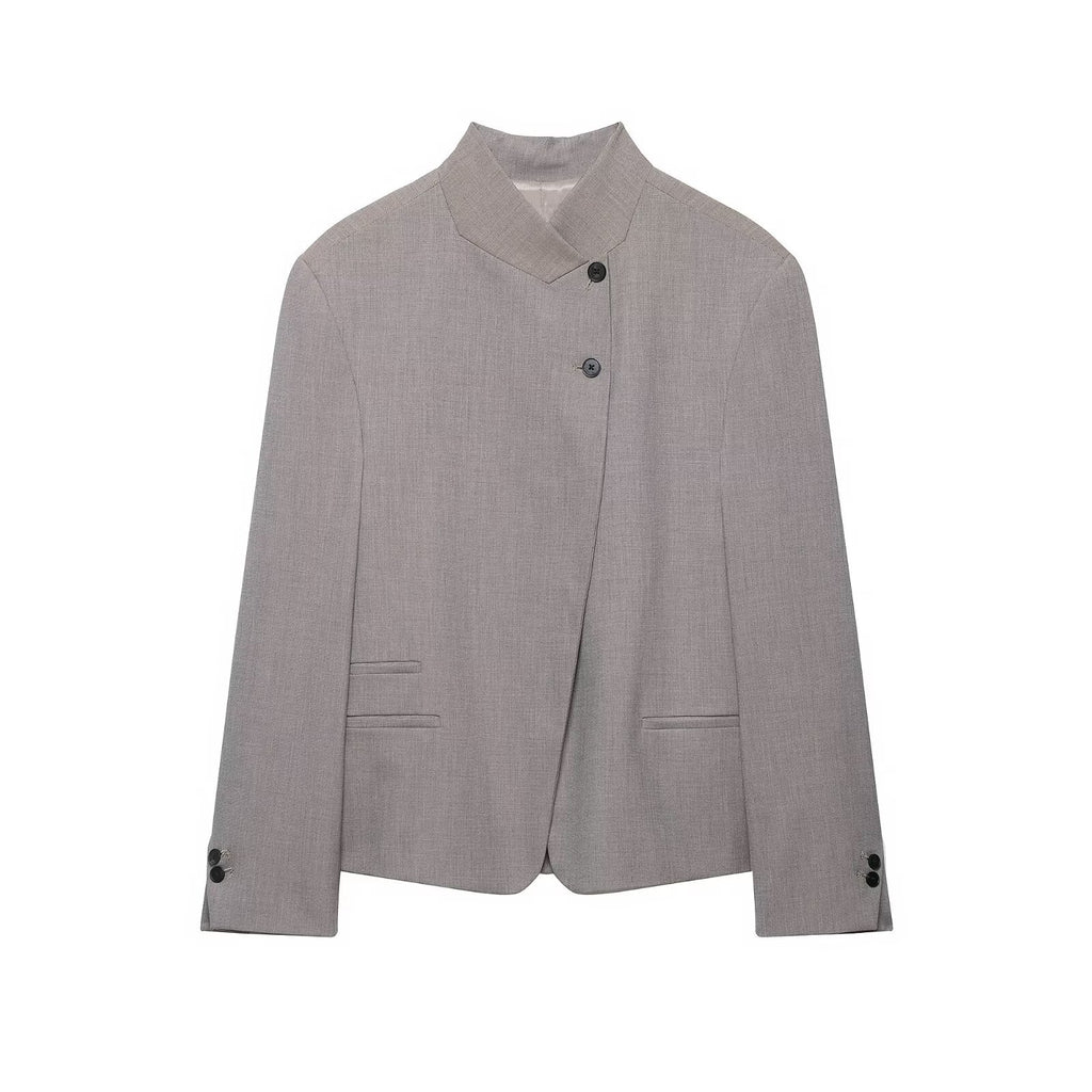 Women's tailored blazer with stand-up collar and asymmetrical button placket Fashion Glam