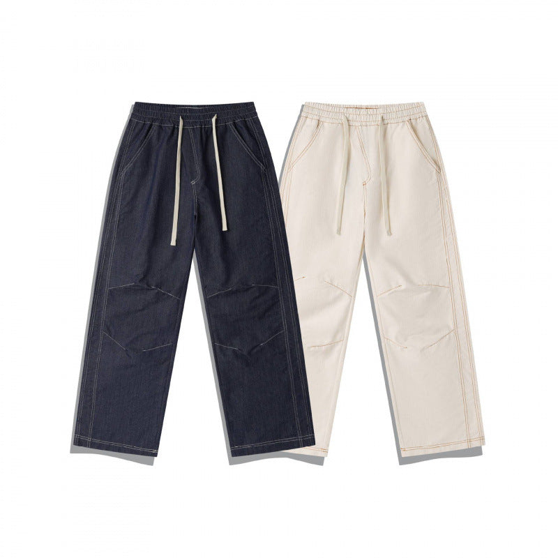 Unisex Wide Denim Pants with Elastic Waistband, Drawstring and Quilted Knee Patch Fashion Glam