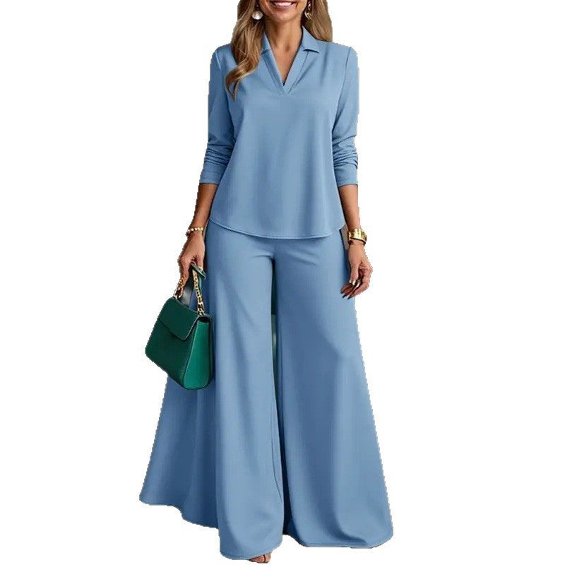 Ladies Elegant Two-Piece Palazzo Set with Shirt Collar Top and Wide Leg Fashion Glam