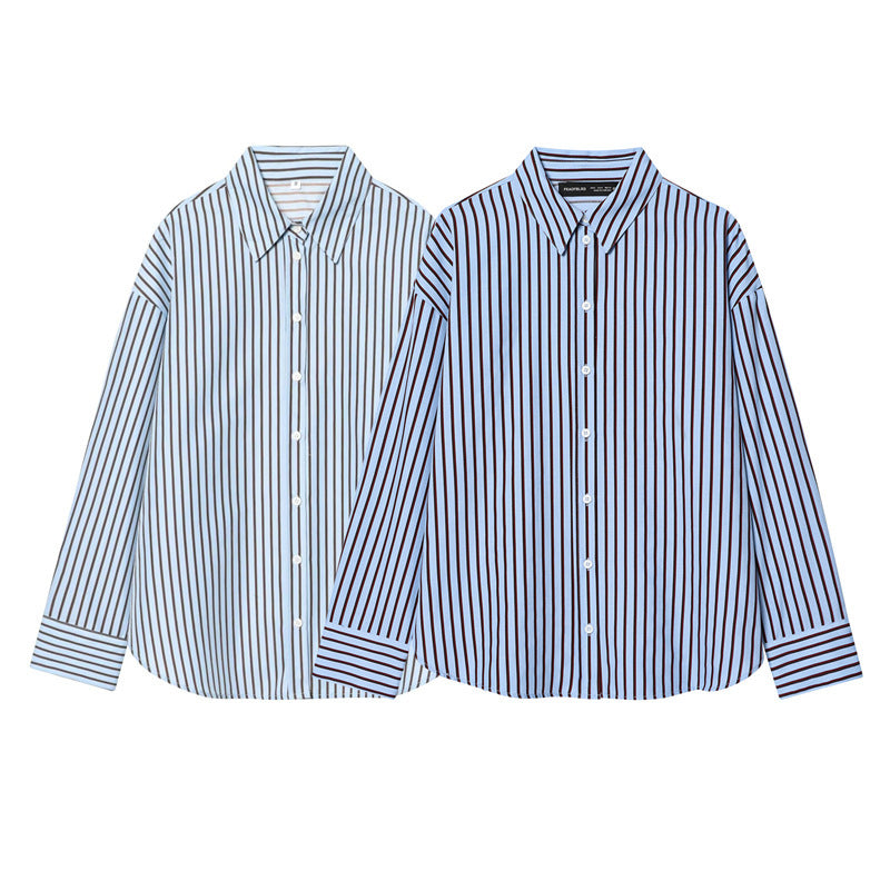 Women Oversized Shirt with Vertical Striped Pattern and Kent Collar Fashion Glam