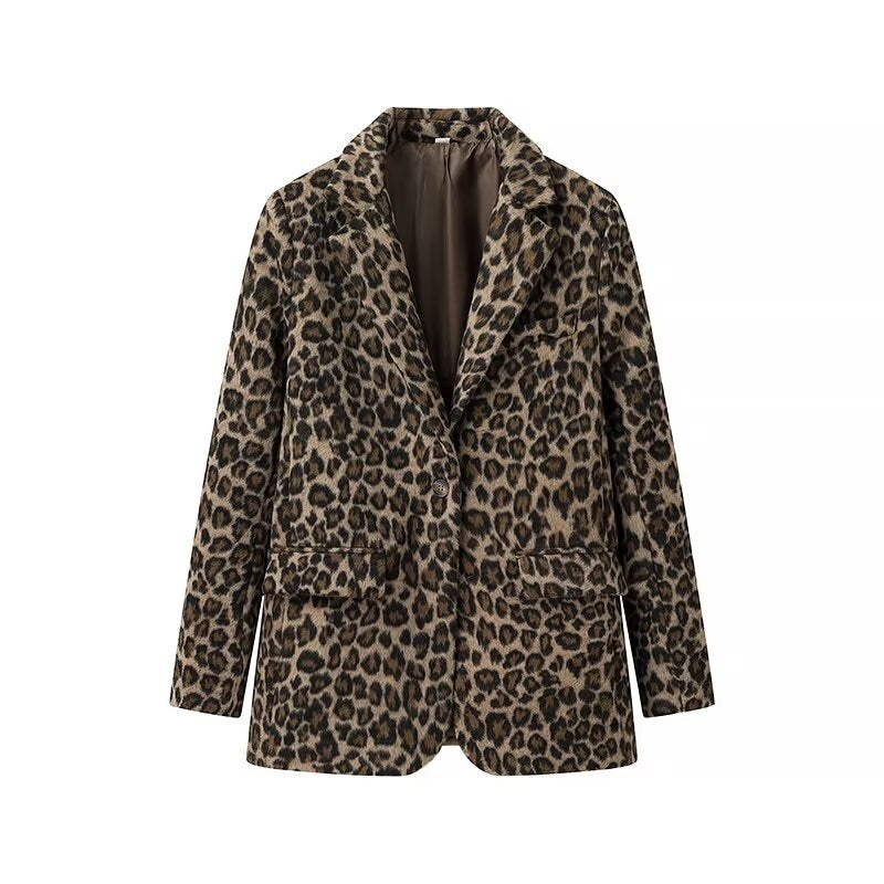 Women's leopard pattern longline blazer with falling lapel, single-button placket, and flap pockets Fashion Glam