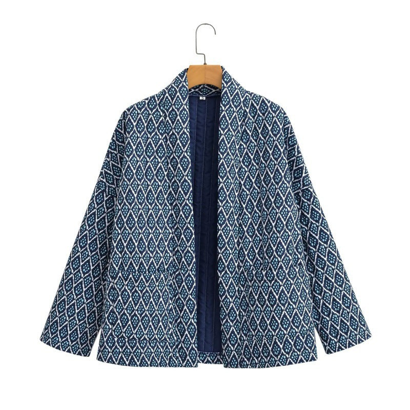 Women Quilted Kimono Overlay Jacket with Open Cut and Patch Pockets Fashion Glam