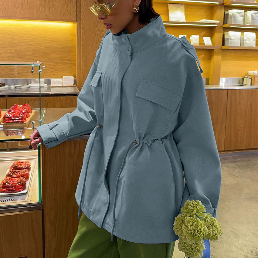 Women's utility parka with stand-up collar, drawstring waist and flap pockets Fashion Glam
