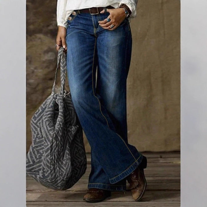 Women's high-waisted wide denim trousers with decorative button placket and casual flare Fashion Glam