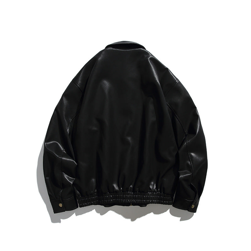 Men's Boxy Faux Leather Bomber Jacket with Concealed Snap Placket, Elastic Hem, and Patch Pockets Fashion Glam