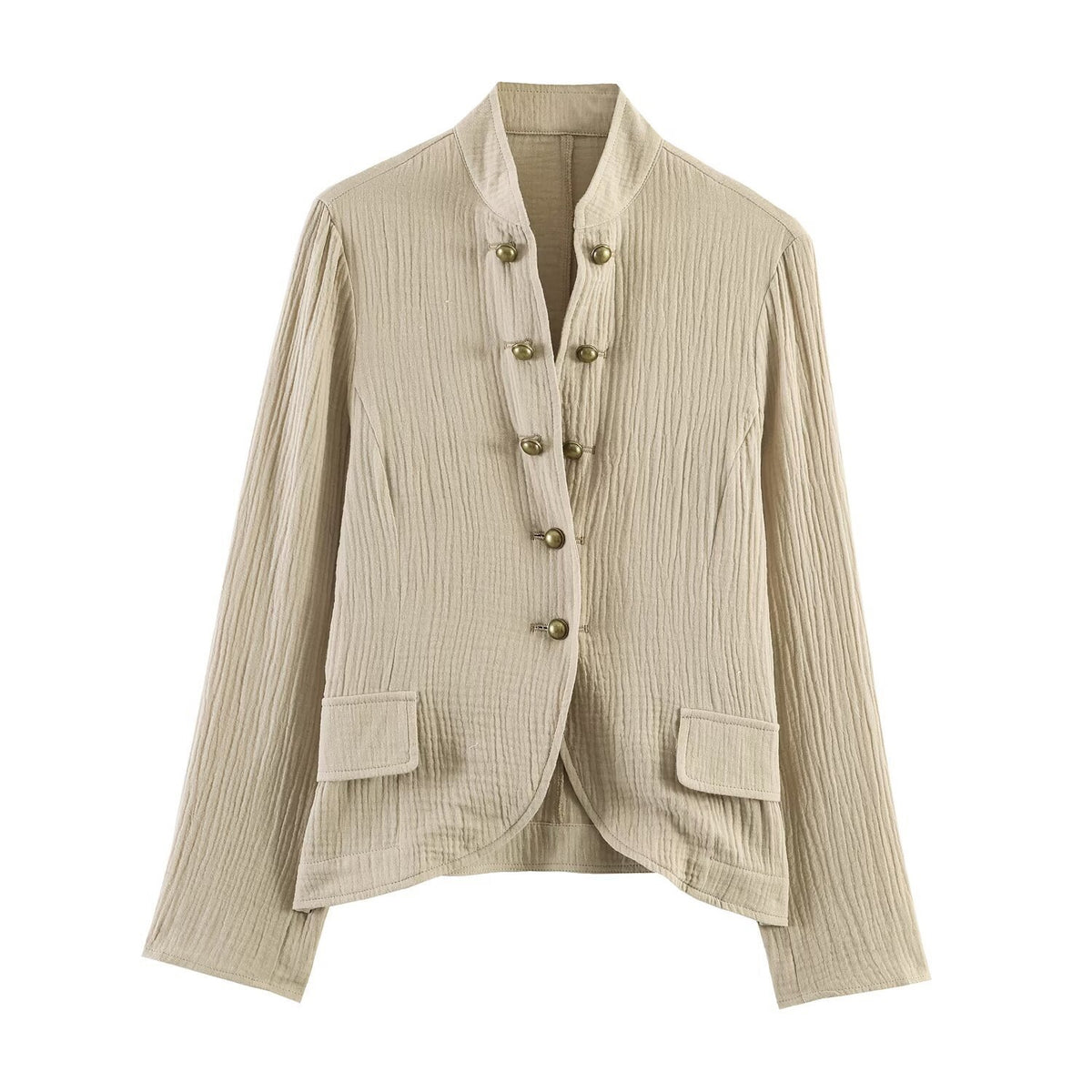 Women lightweight tailored cotton blazer jacket with stand-up collar and decorative button placket Fashion Glam