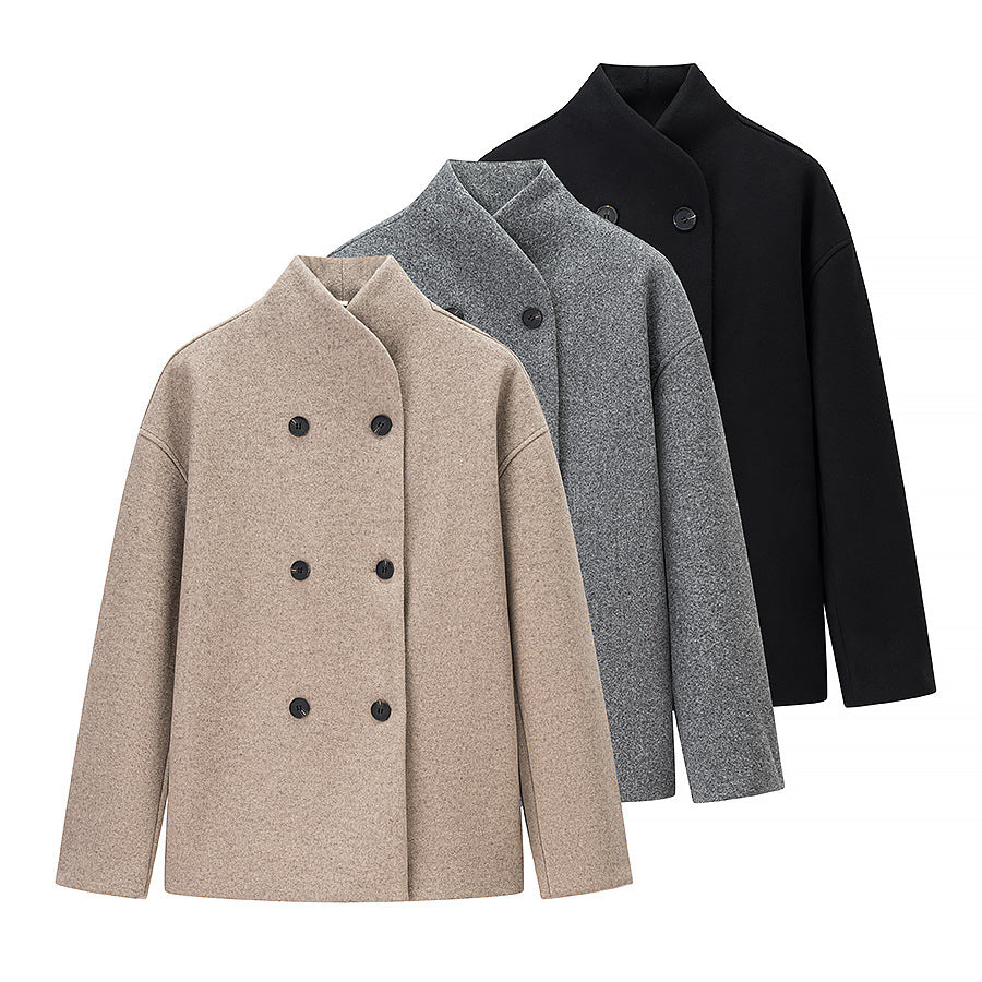 Women Boxy Double-breasted Wool Blend Coat with High Wrap Collar Fashion Glam