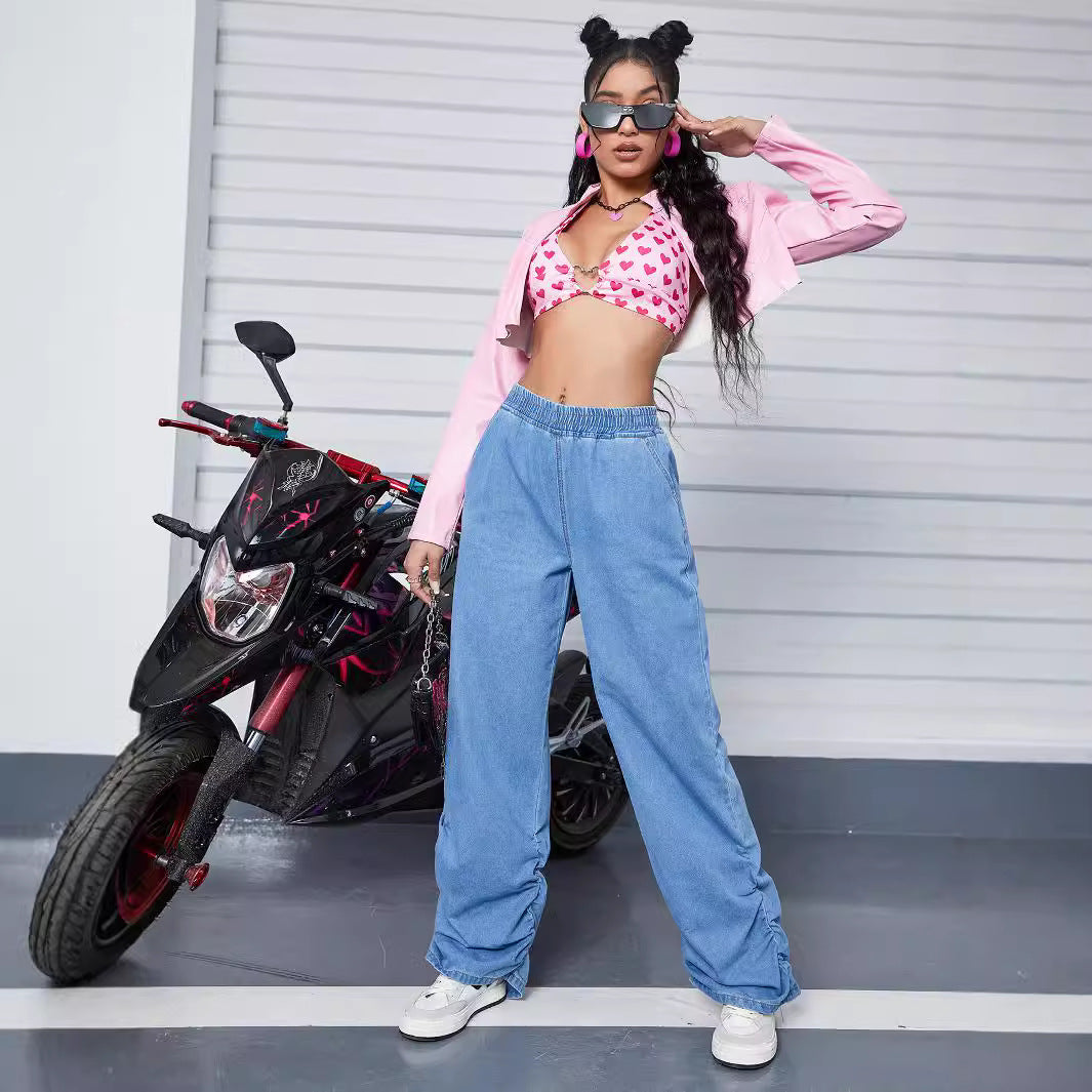 Women's Wide Denim Pants with Elastic Waistband and Gathered Hem Fashion Glam