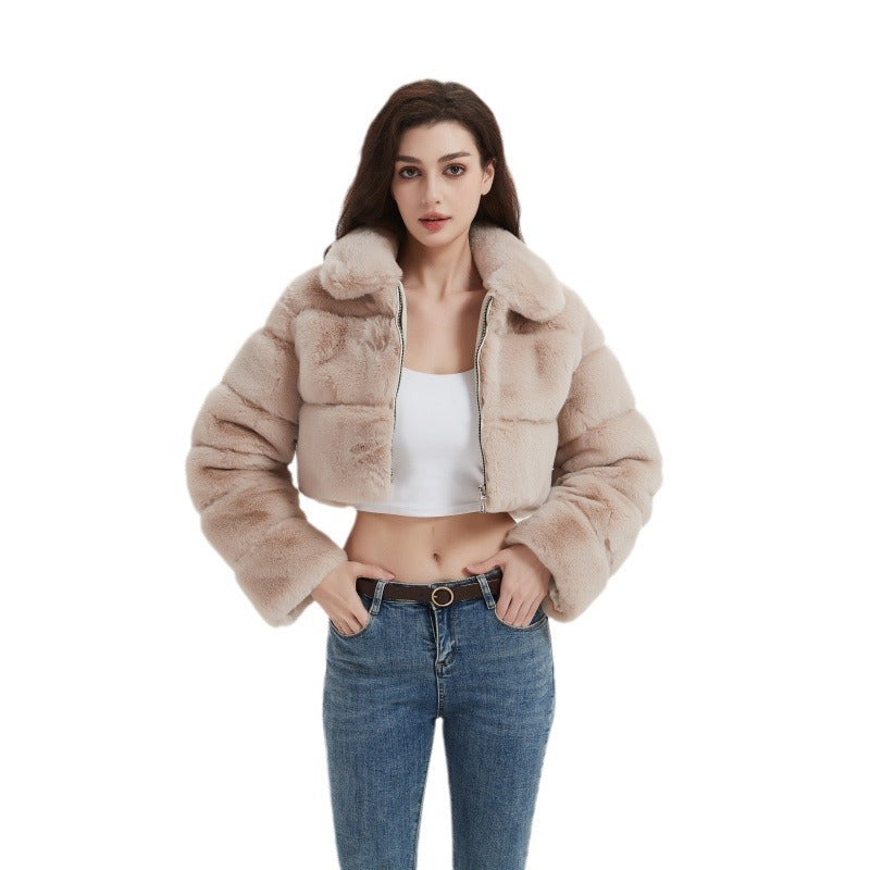 Women Cropped Faux Fur Jacket with Horizontal Volume Panels, Stand-Up Lapel Collar and Zipper Fashion Glam