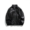 Men's Boxy Faux Leather Blouson Jacket with Stand Collar Snap Placket and Elastic Hem Fashion Glam
