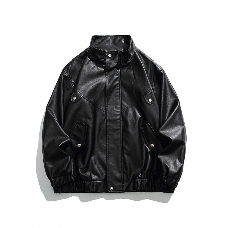 Men's Boxy Faux Leather Blouson Jacket with Stand Collar Snap Placket and Elastic Hem Fashion Glam