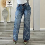 Women's high-waisted straight-cut jeans with cross appliqués made of cotton denim Fashion Glam