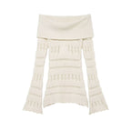 Women's Off-Shoulder Fine Knit Sweater with Folded Roll Neck and Bell Sleeves Fashion Glam