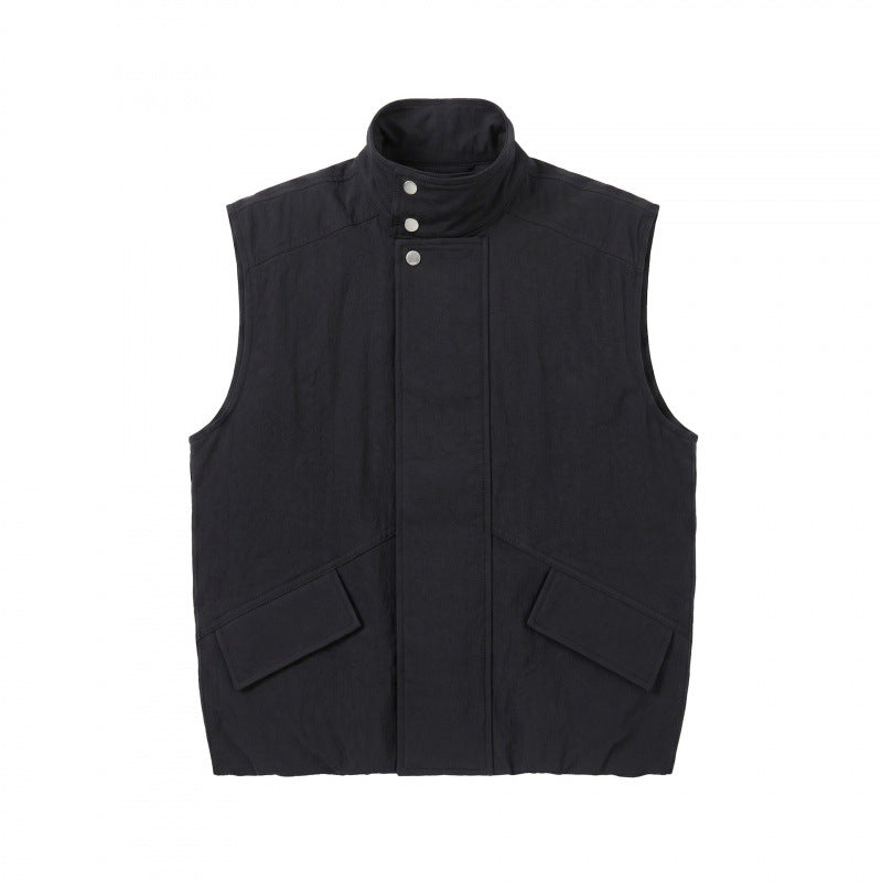 Unisex Boxy Padded Sleeveless Vest with High Stand-Up Collar, Hidden Snap Button Placket and Flap Pockets Fashion Glam