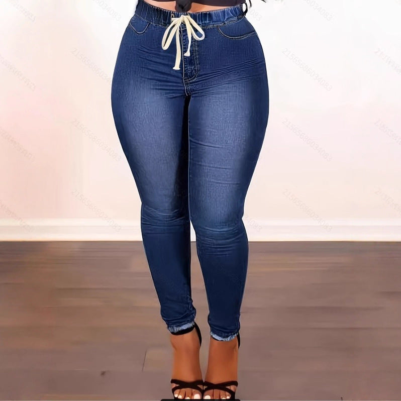 Women's High-Waist Sculpting Jeggings in Denim Look with Elastic Drawstring Waistband Fashion Glam