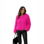 Women Short-Cut Shaggy Faux Fur Jacket with Round Neck, Extra Soft Long Hair and Casual Fit Fashion Glam