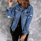 Women's denim jacket with casual destroyed sleeves and raw hem Fashion Glam