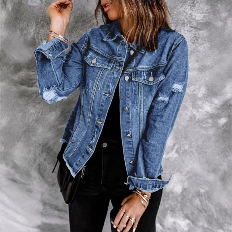 Women's denim jacket with casual destroyed sleeves and raw hem Fashion Glam