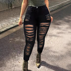 Women's High-Waisted Superstretch Jeans with Frayed Cutouts and Sculpting Waistband Fashion Glam