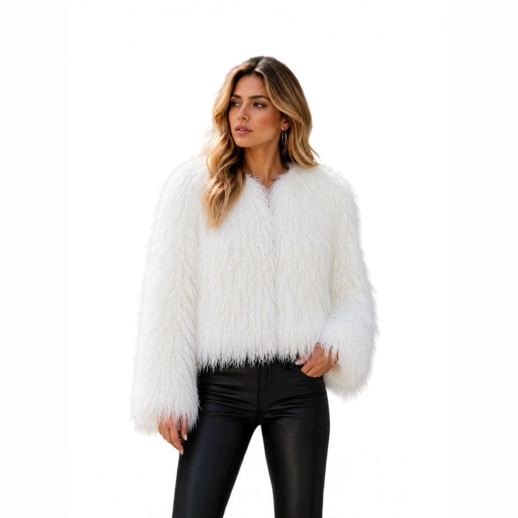 Women Short-Cut Shaggy Faux Fur Jacket with Round Neck, Extra Soft Long Hair and Casual Fit Fashion Glam