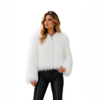 Women Short-Cut Shaggy Faux Fur Jacket with Round Neck, Extra Soft Long Hair and Casual Fit Fashion Glam