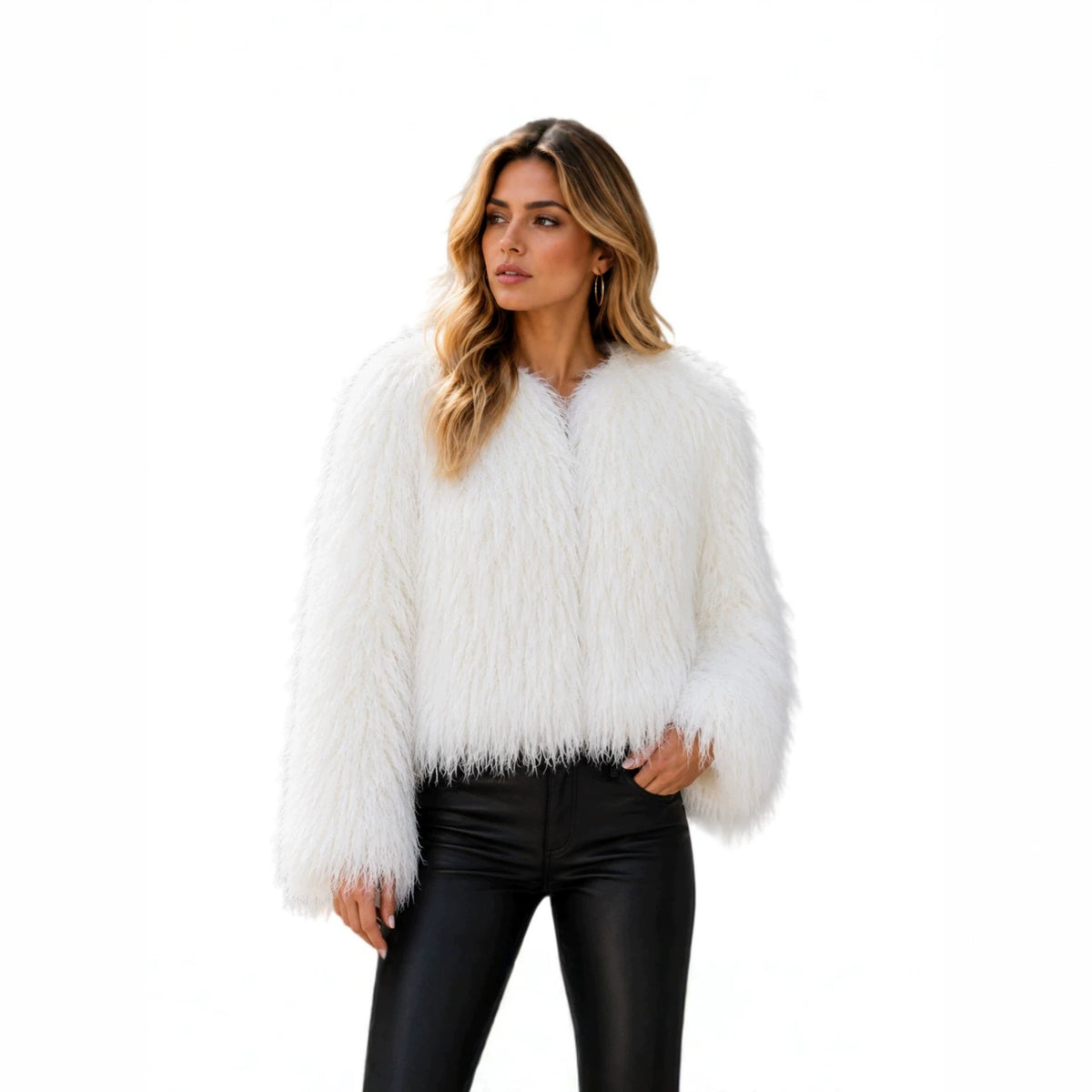 Women Short-Cut Shaggy Faux Fur Jacket with Round Neck, Extra Soft Long Hair and Casual Fit Fashion Glam